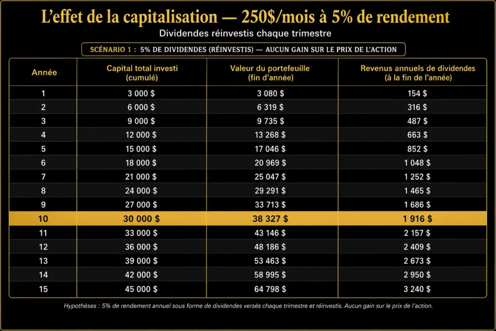 simulation dividendes 250 dollars par mois réinvestissement 5 pourcent rendement